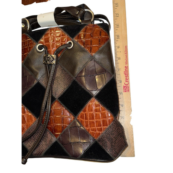 Avon Vintage Patchwork Drawstring Bucket Bag Brown Faux Leather Alligator Emboss - Picture 3 of 5